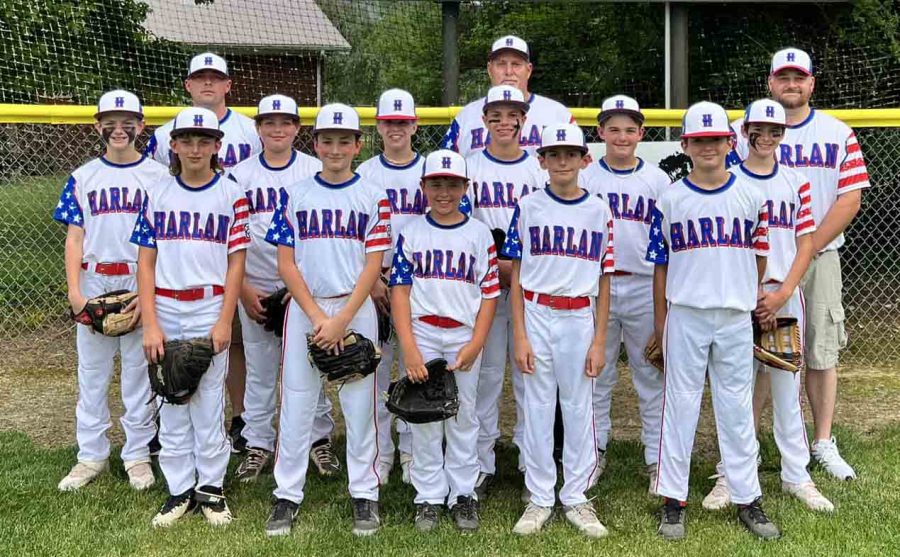 The Harlan All Stars (ages 11-12) include, from left, front row: Gabriel Helton. Myles Jenkins. Nate Thomas. Brantley McArthur and Brantley Burkhart; middle row: Logan Mills. Bentley Howard. Isaac Noe. Jackson Mackowiak. Carter Caldwell and Cooper Thomas; not pictured: Landon Smith; back row: coaches Kevin Howard, Ross Mackowiak and Sam Jenkins.