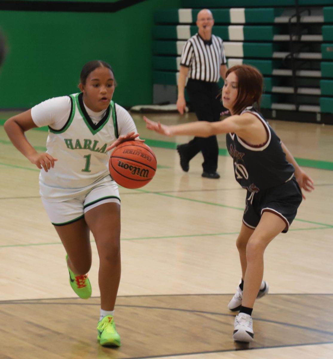 Harlan guard Peyshaunce Wynn drove past a Cumberland defender in the season opener for both teams Friday. Wynn scored 21 points in the Lady Dragons 42-2 victory.