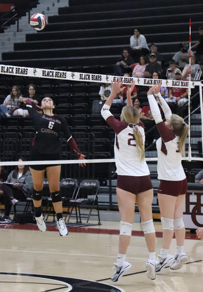 Harlan County sophomore Kalista Dunn went up to record a point in the Lady Bears' three-set win over visiting Leslie County in the season opener on Monday.