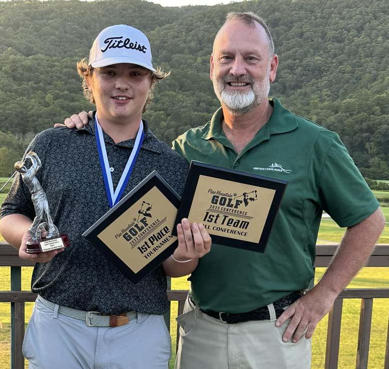 Harlan County High School sophomore Brayden Casolari was named player of the year in the Pine Mountain Golf Conference. He won the league tournament on Tuesday and Wednesday at the Wasioto Winds course in Pineville and is pictured with Donnie Caldwell.
