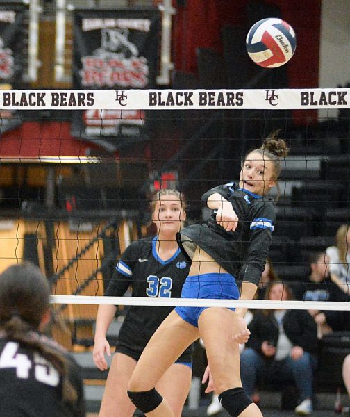 Bell County senior Gracie Jo Wilder slammed home one of her kills on Tuesday in the Lady Cats three-set win at Harlan County. The Lady Cats improved to 20-6 win the win and clinched the top seed in the 52nd District Tournament.