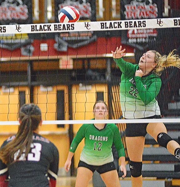 Annie Hoskins went up for a point in action earlier this week at Harlan County. Hoskins recorded 12 kills Thursday in the Lady Dragons’ victory at Lynn Camp.