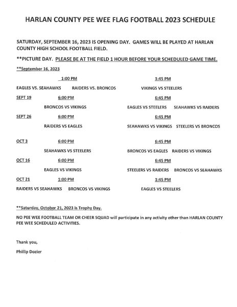 Harlan County Pee Wee Football schedule