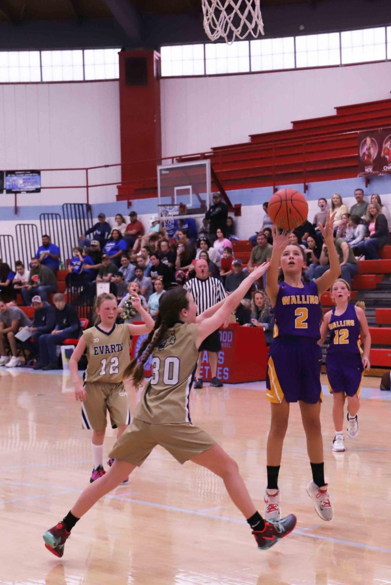 Wallins Audrey Creech put up a shot over Evarts Rylie Griffith in county tournament action Saturday.