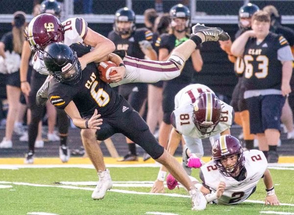 Pinevilles Landon Robbins brought down a ball carrier in action earlier this season. The Mountain Lions fell to Lee, Va., on Friday.