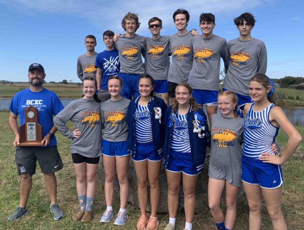 Both Bell County teams qualified for the 2A state cross country meet as the boys took second in the regional meet on Saturday and the girls placed fifth. Team members include, from left, front row: coach Jason Stewart, Sophia Good, Ava Harris, Lily Nolan, Meredith Allen, Keira Good and Kaelyn Lyrock; back row: Nicholas Stewart, Jacob Brannon, Reese Arno, Landon Eldridge, Hayden Green, Braydin Hickey and Andrew Roy.