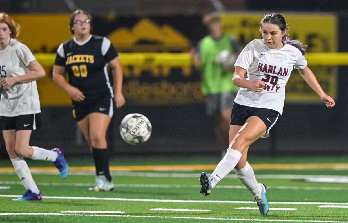 Harlan County’s Aliya Burkhart raced down the field in action from the 50th District Tournament finals. The Lady Jackets claimed a 5-2 victory.