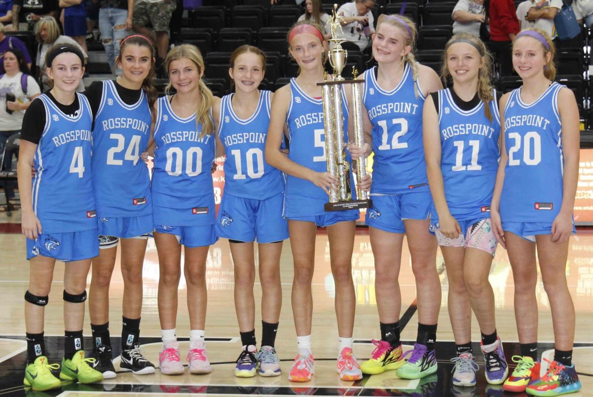 The Rosspoint Lady Cats captured the seventh- and eighth-grade county championship with a 48-41 win Thursday over Wallins at Harlan County High School. Team members, from left, include Reagan Clem, Jaylee Cochran, Kenadee Sturgill, Jaycee Simpson, Lauren Lewis, Shasta Brackett, Taylynn Napier and Aiselyn Sexton.