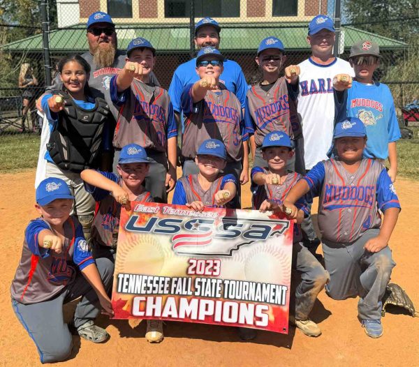 The Tri-State Mud Dogs, a 12-under baseball team that included several Harlan County athletes, won the Tennessee Fall State Tournament over the weekend in Kingsport and Bristol. Team members include, from left, front row: Nate Thomas, Seth Johnson, Landon Smith, Brantley McArthur and Si Hunter, middle row: Miranda Hunter, Carter Caldwell, Brylee Southerland, Logan Mills and Jaxson Greene; back row: coaches  Larry Hunter, Chris Southerland and Steven Johnson; not pictured: Landen Bures and Calem Horton.