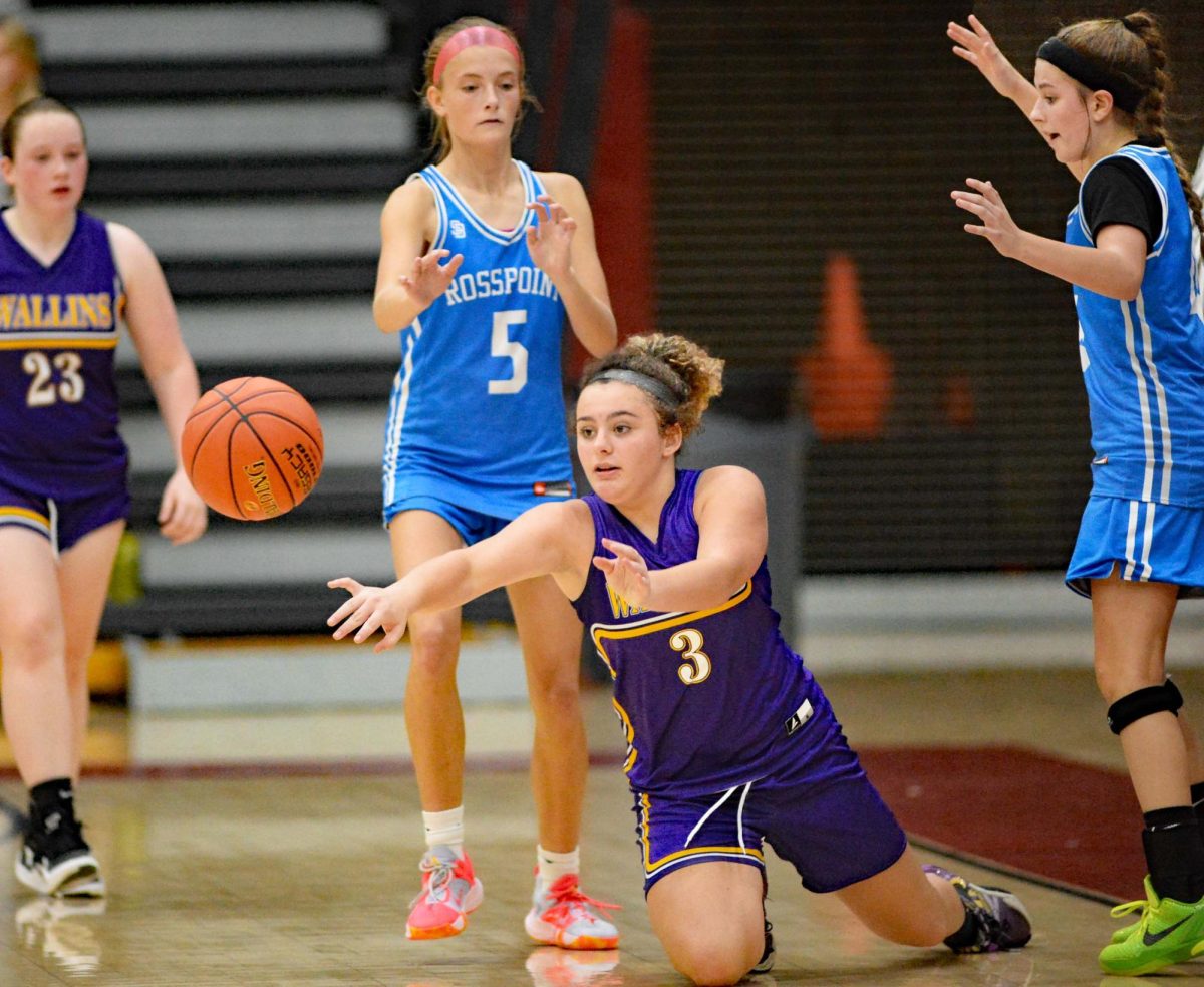 Wallins guard Raegan Landa made a pass from her knees in action from the seventh- and eighth-grade county finals Thursday.