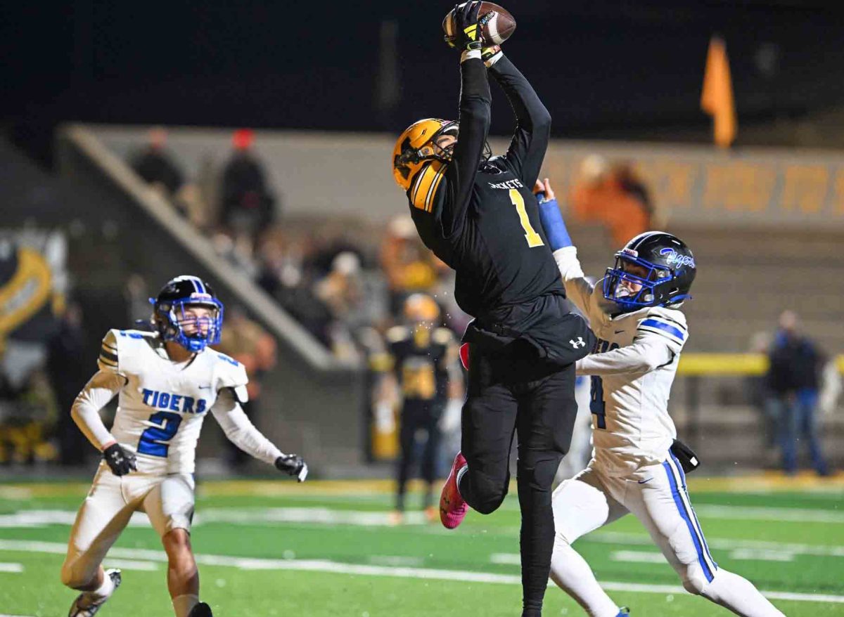 Middlesboro senior receiver Kam Wilson went up for one of his catches on Friday in the Jackets 40-14 win over visiting Paintsville in the second round of the Class A playoffs.
