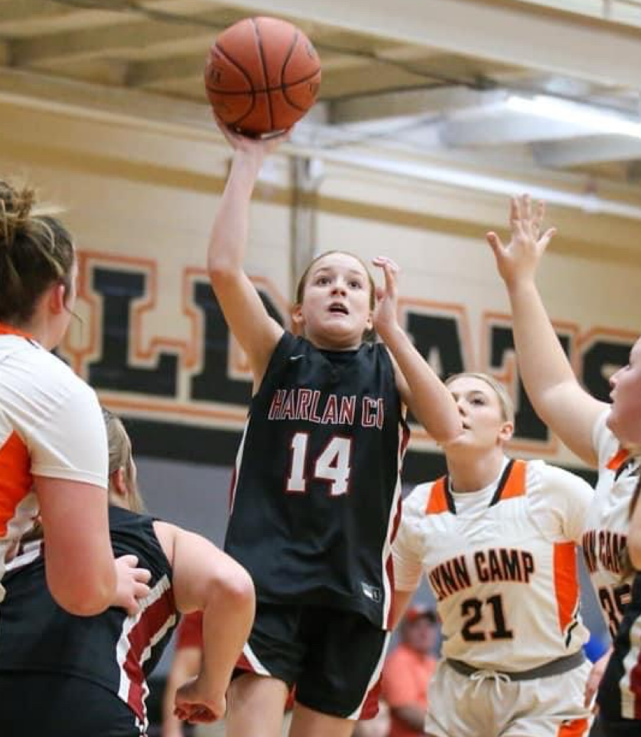Harlan County seventh grade guard Jaycee Simpson put up a shot during the Lady Bears 57-24 win Tuesday at Lynn Camp.