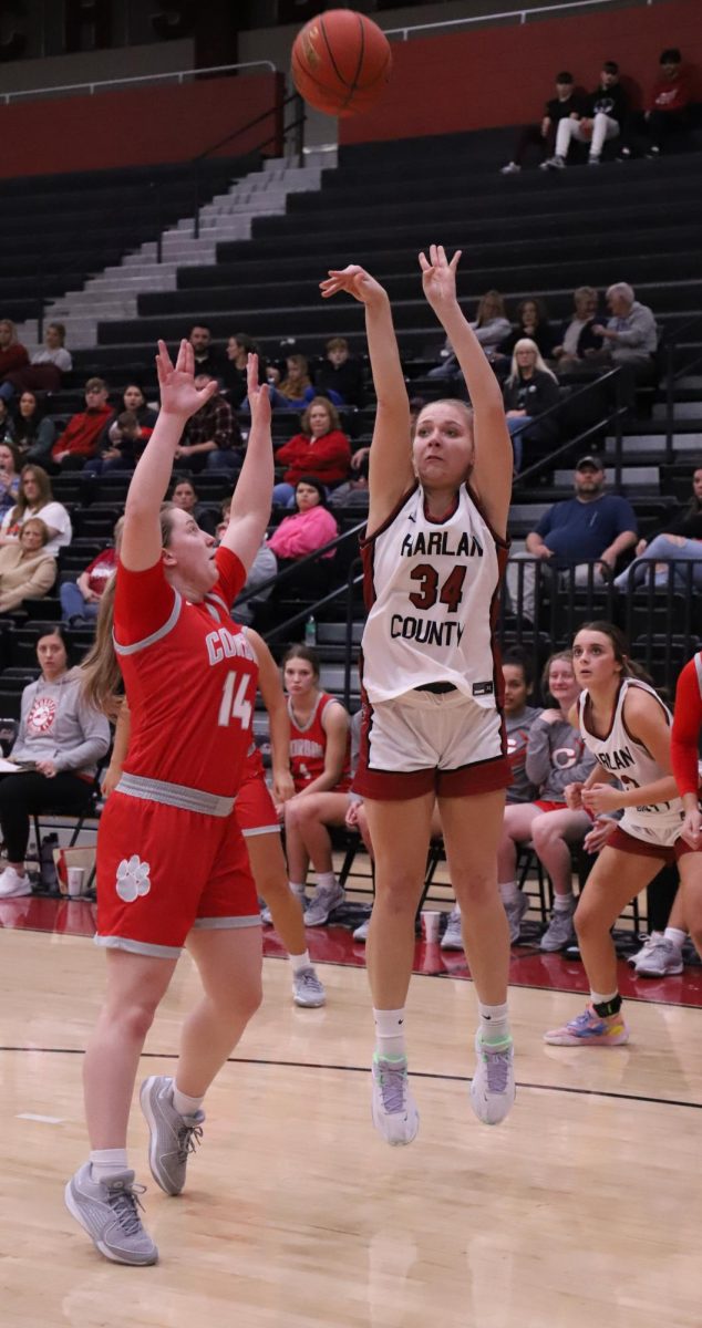 Harlan County sophomore forward Whitley Teague put up a shot in Fridays game against visting Corbin.