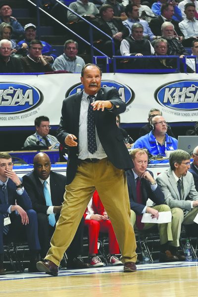 Billy Hicks is pictured coaching his Scott County team during the 2019 state tournament, his last season as a coach.