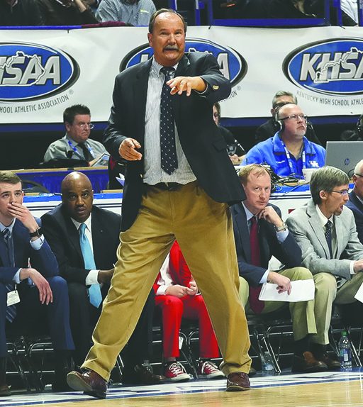 Billy Hicks is pictured coaching his Scott County team during the 2019 state tournament, his last season as a coach.