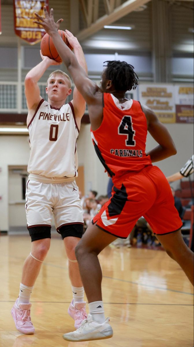 Pineville guard Sawyer Thompson, pictured in action earlier in the week against Red Bird, scored 35 points on Friday in the Lions win over Rye Cove, Va.