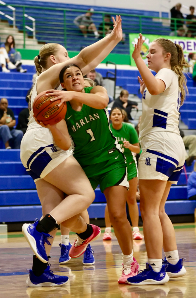 Harlan forward Kylie Noe worked inside for a shot in Tuesdays game at North Laurel.