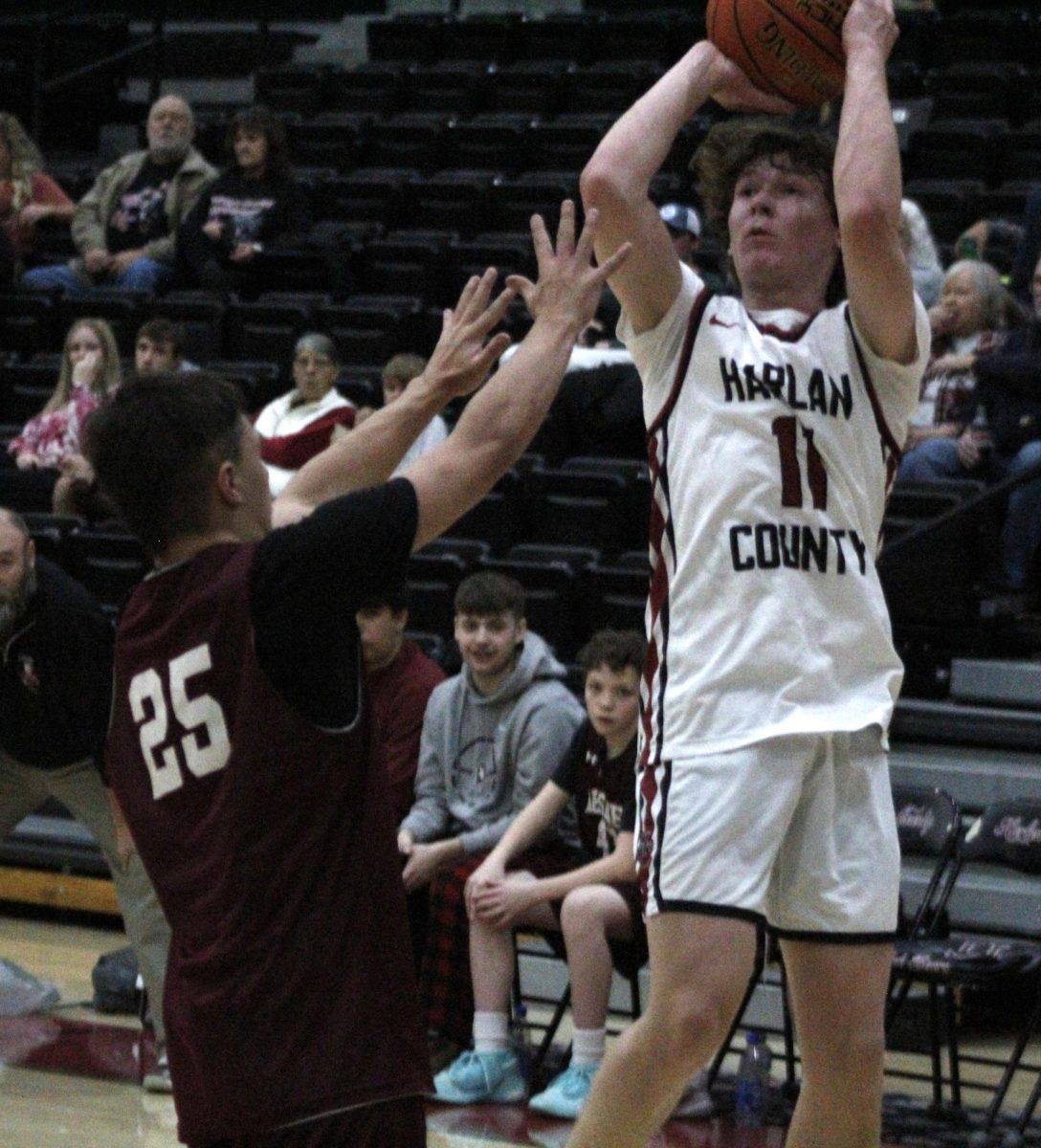 Harlan Countys Cole Cornett put up a shot in a freshman game Wednesday against visiting Leslie County. Cornett scored nine points in the Bears 51-36 win.