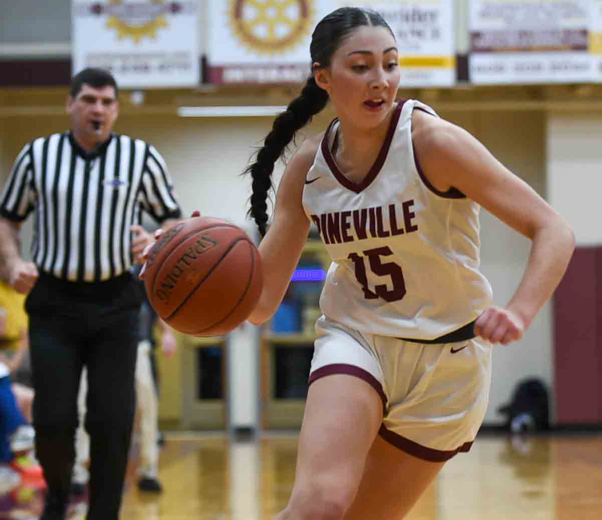 Pinevilles Ava Arnett, pictured in action earlier this season, scored 13 points in the Lady Lions win over Barbourville on Monday in the 51st District Tournament.