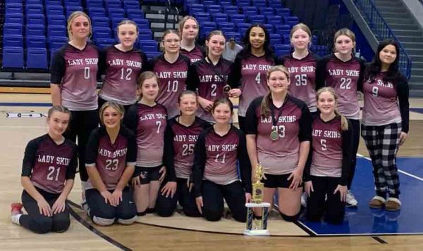 Cumberland placed second in the SEKY Middle School Volleyball Conference tournament. The Lady Skins defeated Bell County in three sets in the semifinals before falling in three sets to Knox Central in the finals. Team members include, from left, front row: LaShay McKnight, Briley Sergent, Unique Martin, Izzy Pendleton, Natalie Pendleton, Paisley Hendrickson and Addie Surber; back row: Paisleigh Bledsoe, Lilly Blair, Kaylee Lewis, Peyton Lewis, Ashlynn Williamson, Mackenzie McKnight, Brianna Simpson, Katie Smith and Bella Bush.