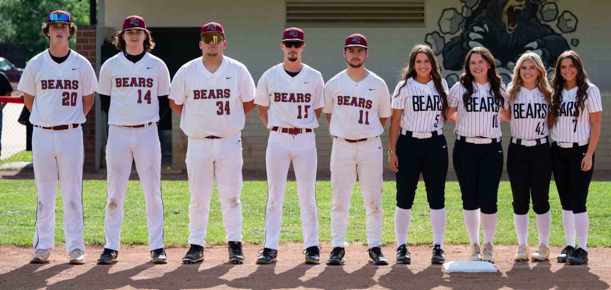 Harlan County High School baseball/softball seniors recognized before games Thursday included, from left: Mason Himes, Tristan Cooper, Will Cassim, Samuel Henson, Isaac Kelly, Jenna Wilson, Lesleigh Brown, Rylie Maggard and Brittleigh Estep.