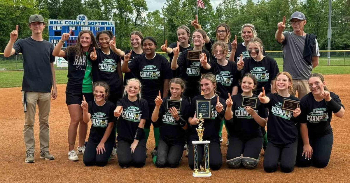 The Harlan Lady Dragons won the middle school conference tournament over the weekend with wins over Lynn Camp, Bell County and Harlan County. Team members include, from left, front row: Ryleigh Goins, Jordyn Shackleford, Taylor Glenn, Adelynn Burgan, Shaedyn Crow, Daria Lee and Addison Campbell; middle row: Zion Hardaway, Chrissy Saylor, Priscilla Stewart and Arianna Raleigh; back row: coaches Noah Lewis and Courtney Lewis, Addyson Patton, Harmonee Mills, Brookelyn Farley, Karrie Gregg, Lacey Lemarr and coach Scott Lewis.