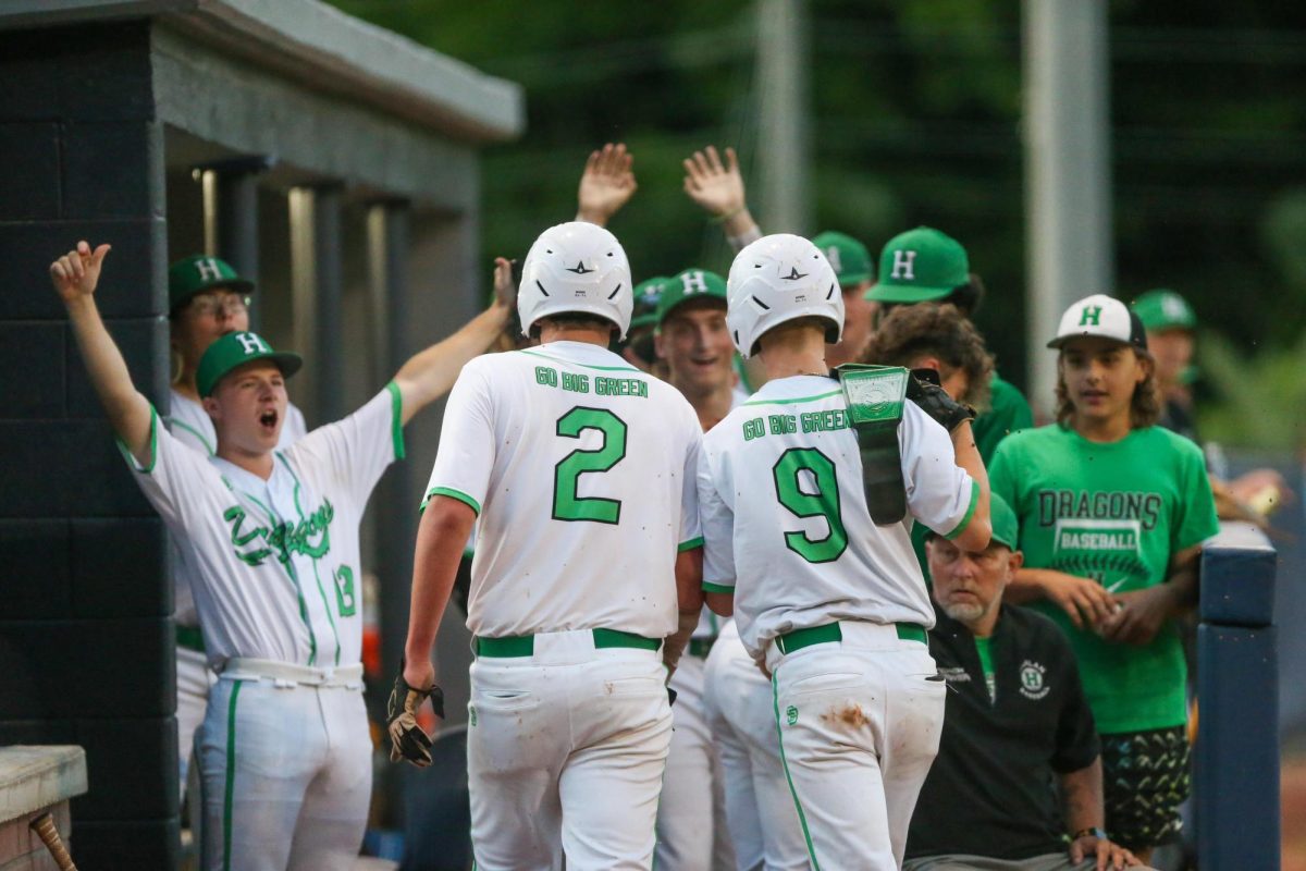 The Harlan Green Dragons celebrated in the dugout during their win over Barbourville in the 13th Region Tournament on Tuesday at Knox Central.