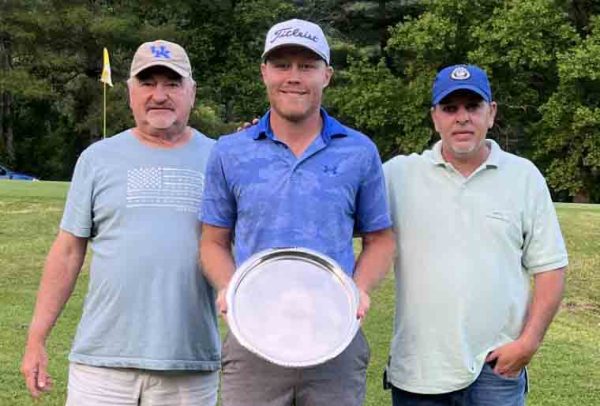 Harlan Invitational champion Codie McDowell, of Pineville, is pictured with Harlan Country Club Board of Trustees members Roger Anderson and Andrew Forester.