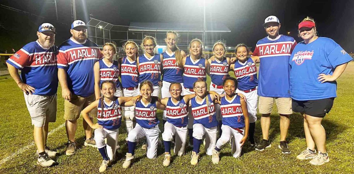 The Harlan All Stars include, from left, front row: Audree Mills, Maddy Helton, Kelsey Myers, Kenlee Blevins and Addison Sanford; back row: coach Dallas Myers, coach Josh Snelling, Blakely Snelling, Averi Jenkins, Zoey Reed, Chloe Perkins, Shelbee Miller, Peyton Blackwelder, Leah Collins, coach Thomas Collins and coach Kacie Russell.