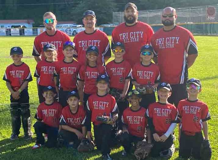 The Tri-City Little League All Stars (ages 7-8) include, from left, front row:  Caleb Creech, Luke Creech, Levi Sergent, Xavier Clark, Miles Hughes and Grayson Lewis; middle row: Gage Polson, London Blanton, Hayden Blair, Addison Lee, Rhett Fields and Tate Sherman; back row: coaches Jordan Blair, Scott Sherman, Cole Wilson and Jon Fields.