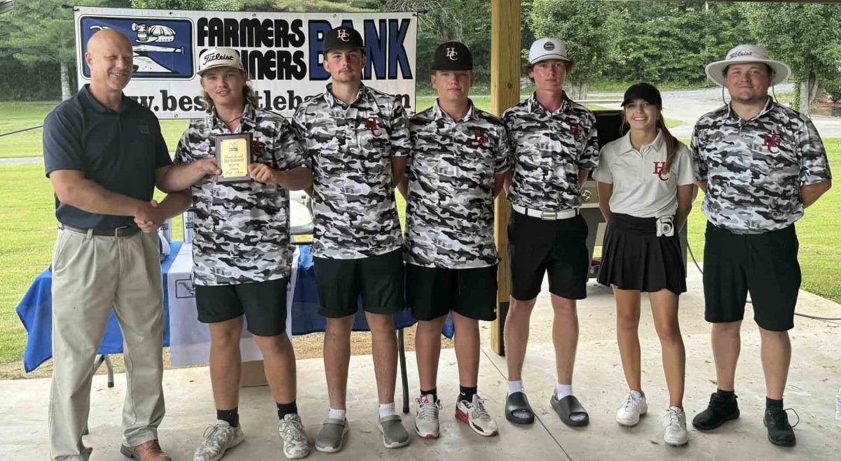 The Harlan County High School golf team placed second Wednesday in the Farmers and Miners High School Invitational in Jonesville, Va.  Team members include, from left: Brayden Casolari, Alex Creech, Zayden Casolari, Cole Cornett, Hallie Hensley and coach Brendan Rutherford.