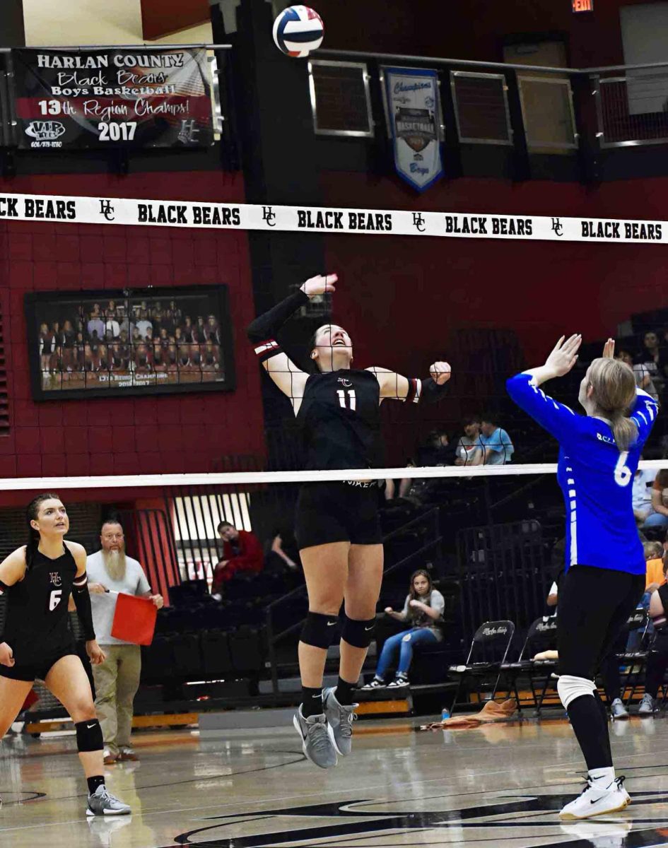 Harlan County junior Kylee Hoiska went up for one of her numerous kills in the Lady Bears' thrilling five-set win over visiting Bell County.