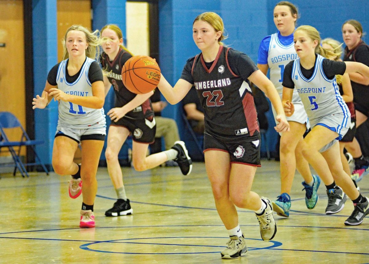 Cumberland’s Katie Smith led a fast break in middle school basketball action earlier this week. The Skins fell 32-15 on Thursday at  James A. Cawood.