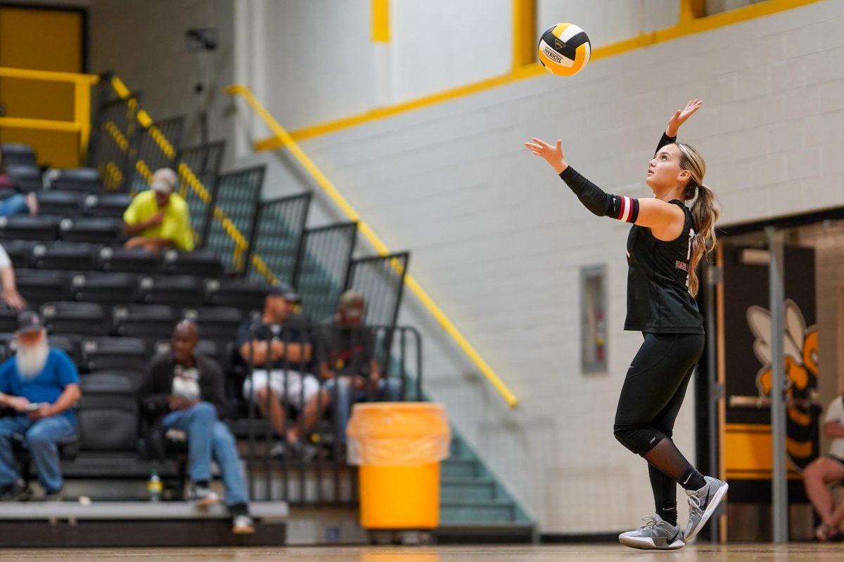 Harlan County junior Savannah Hill prepared for a serve in Tuesday’s district match at Middlesboro. Hill recorded 14 assists as the Lady Bears won in three sets.