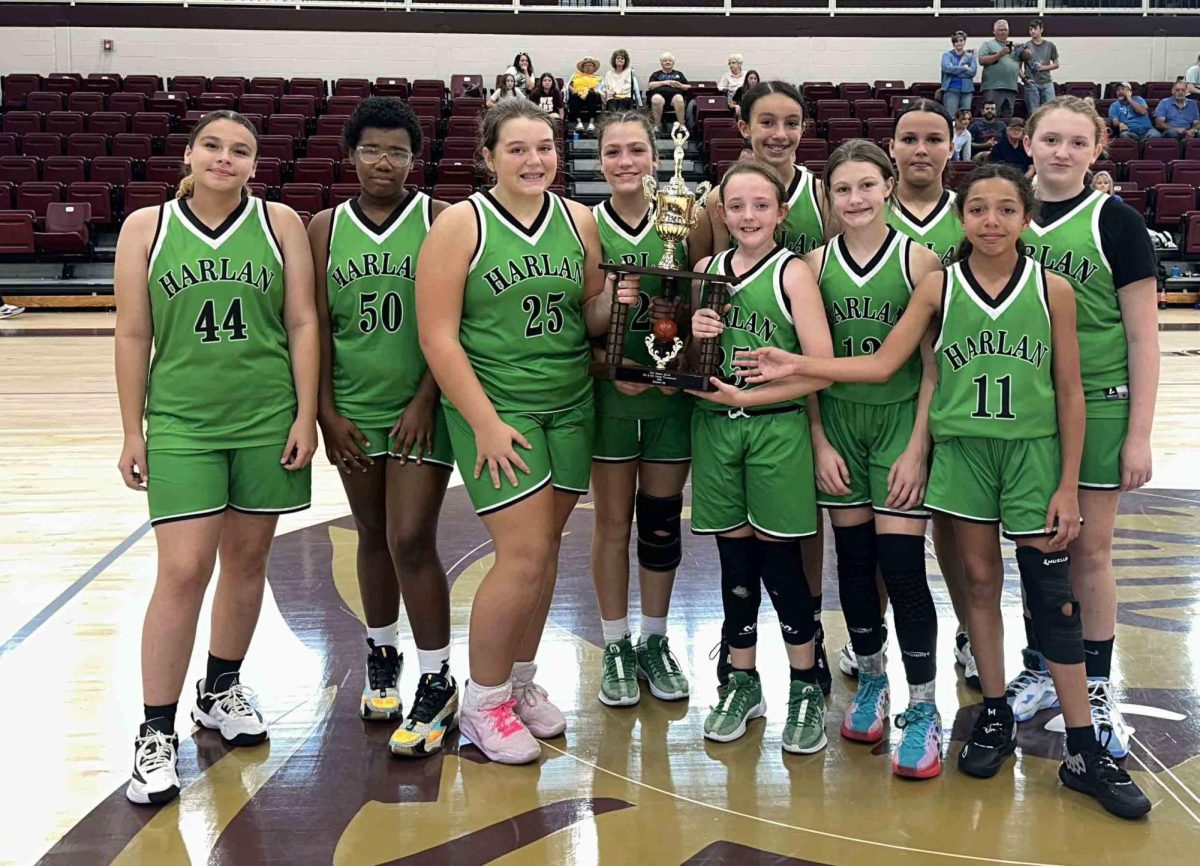 The Harlan Lady Dragons won two of three games Saturday to take second in the 13th Region All A Conference tournament. Team members include, from left, front row:  Baylee Clark, Lilly Daniels and Addison Sanford; back row: Hailey Gilbert, Janae Simms, Bella Lemar, Khloe Daniels, Jerrah Phillips, Hannah Gilbert and Shelbee Fee.