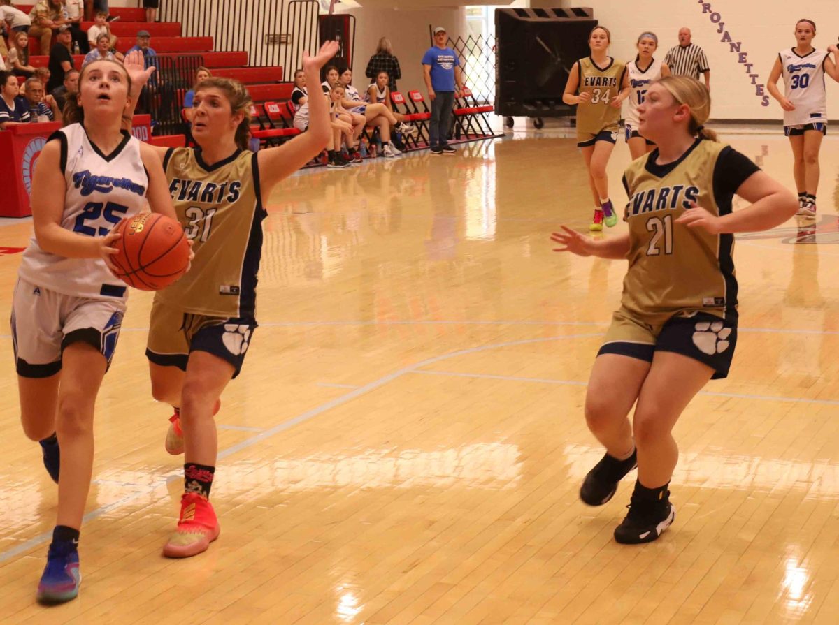 Black Mountain guard Kelsie Middleton sailed to the basket for two of her 16 points in the Tigerettes' win over Evarts on Saturday in the seventh- and eighth-grade county tournament.