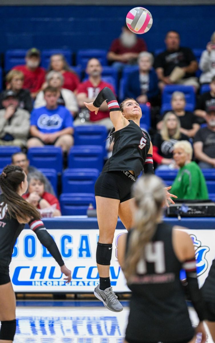 Harlan County junior Kalista Dunn went up for one of numerous kills Monday in the Lady Bears' three-set win over Harlan in the 52nd District Tournament.