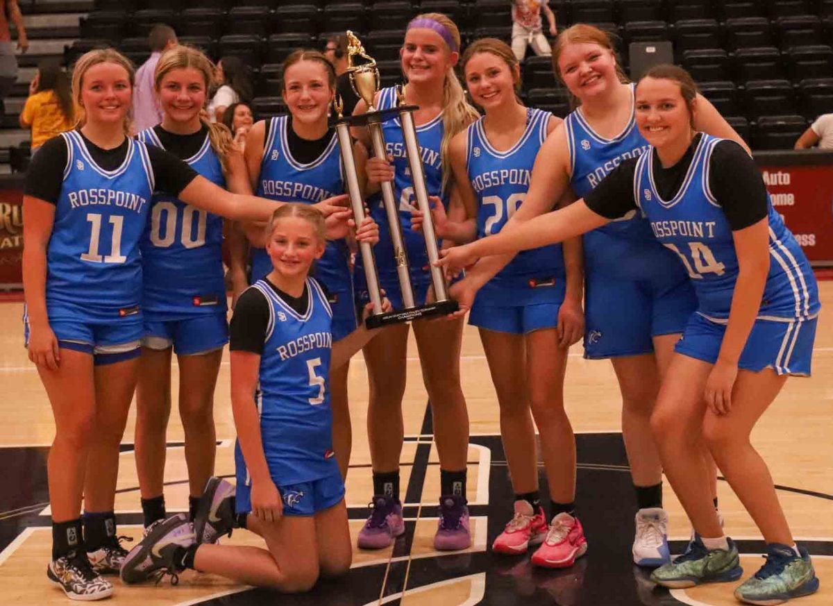 Rosspoint captured the seventh- and eighth-grade county championship with a 65-35 win Thursday over Wallins. Team members, from left, include: Taylynn Napier, Kenadee Sturgill, Jaycee Simpson, Shasta Brackett, Aiselyn Sexton, Barbara Osborne and Crissalynn Jones; front row: Natalie Jenkins.