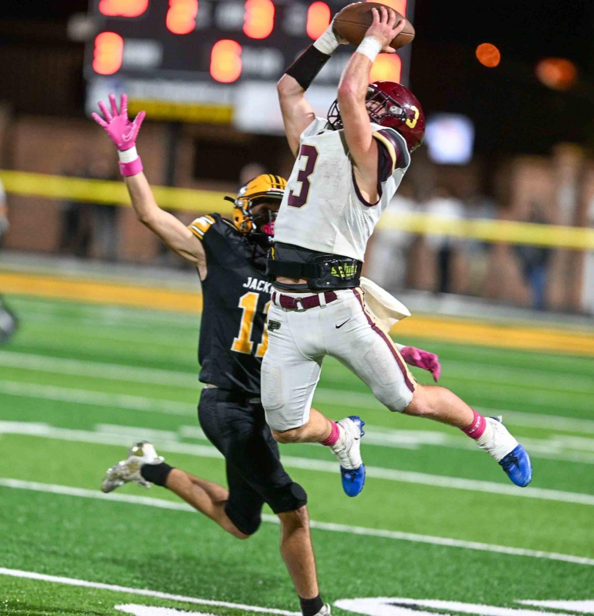 Pineville's Kaiden Robbins, pictured in action earlier this season, had two interceptions Friday in the Mountain Lions' loss to visiting Leslie County.