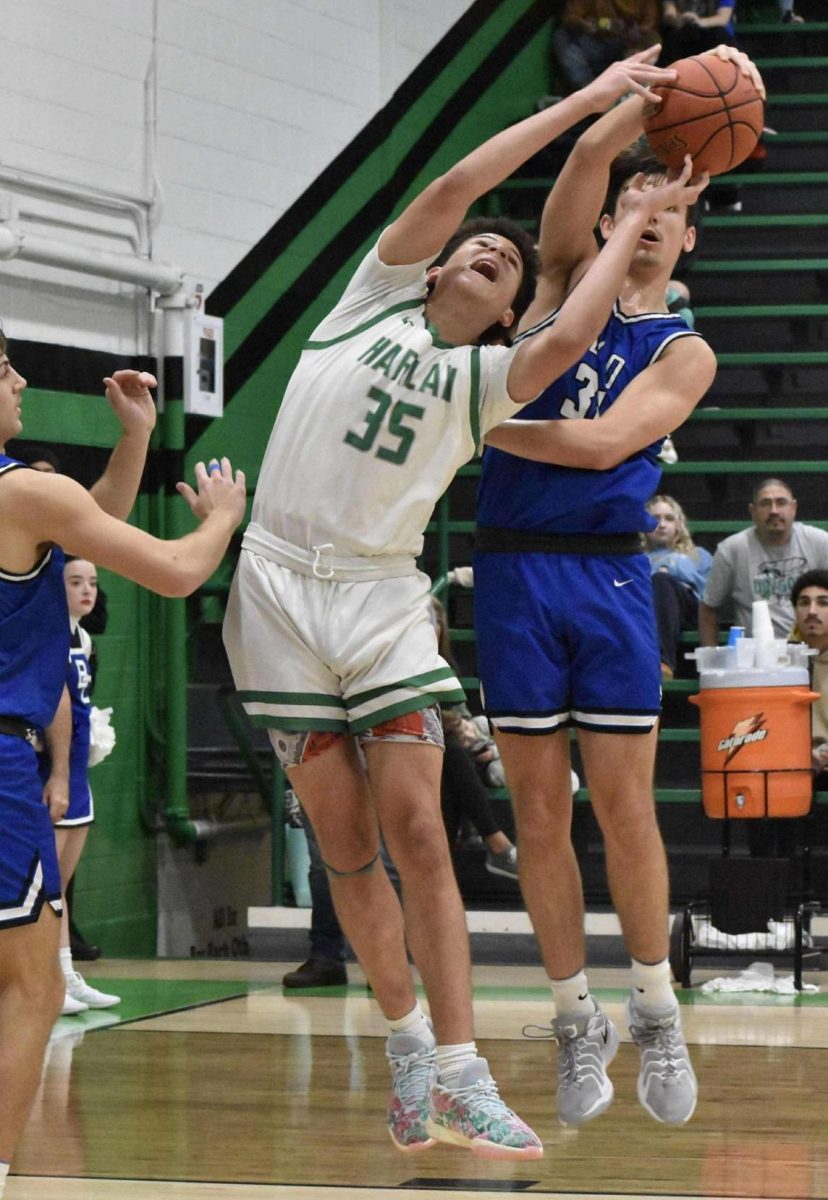 Harlan freshman center Kobe Noe battled for a rebound in action earlier this season. The Green Dragons fell 88-30 to Henry Clay on Sunday in the Pulaski Invitational.