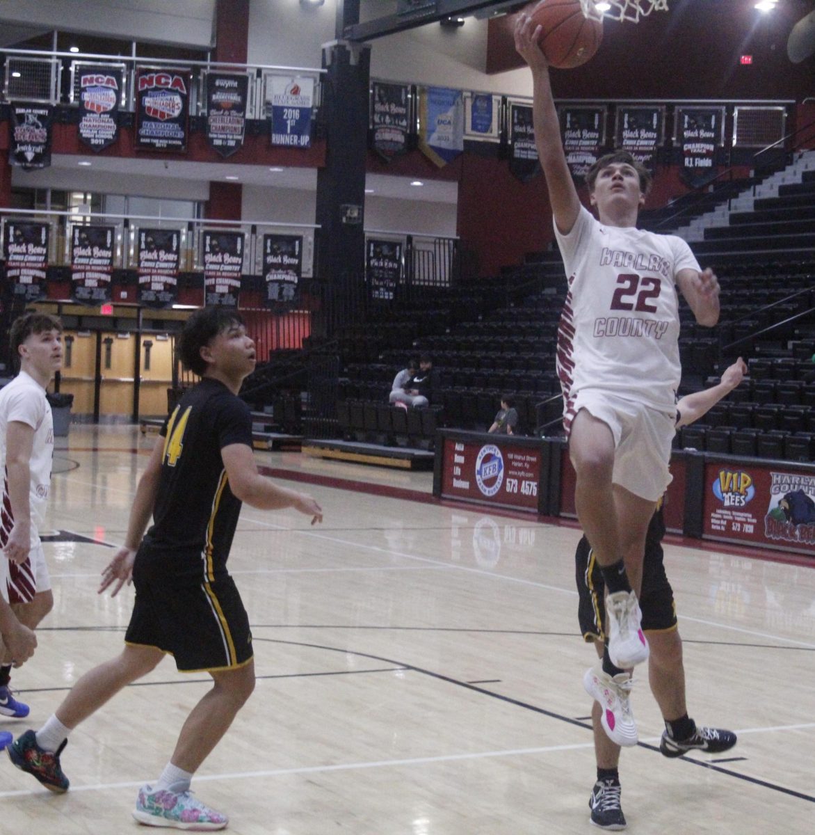 Harlan County sophomore forward Brady Freeman went in for a layup in action earlier this season. Freeman and the Bears won at Bell County last week as part of a split with the Bobcats.