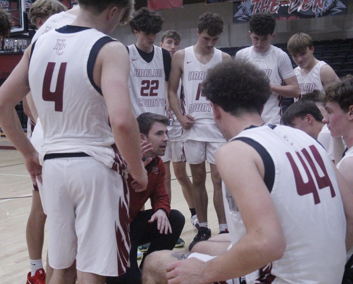 Harlan County junior varsity coach Cameron Carmical talked to the Bears during their 65-35 win Wednesday over visiting Middlesboro.