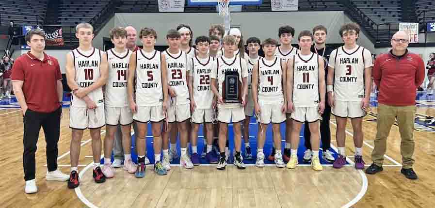 The Harlan County Black Bears placed second in the Kentucky 2A State Tournament on Sunday with an 80-75 loss to Calloway County. Team members include, from left: assistant coach Cameron Carmical, Bryson Bryant, Brody Napier, assistant coach Casey Lester, Brennan Blevins, Brady Freeman, Jaycee Carter, Kaden Jones, Brady Smith, Tucker Curtis, Kayden Hensley, Reggie Cottrell, Trent Cole, Landon Brock, Hayden Grace, Cole Cornett, Rydge Lewis, Maddox Huff and coach Kyle Jones.