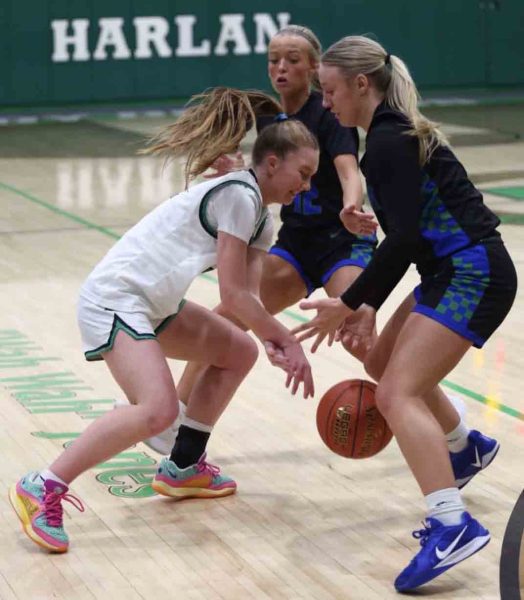 Harlan's Cheyenne Rhymer battled to work out of a trap in Monday's game against North Laurel. The visiting Lady Jaguars forced 13 turnovers in the first half on the way to a 70-41 victory.