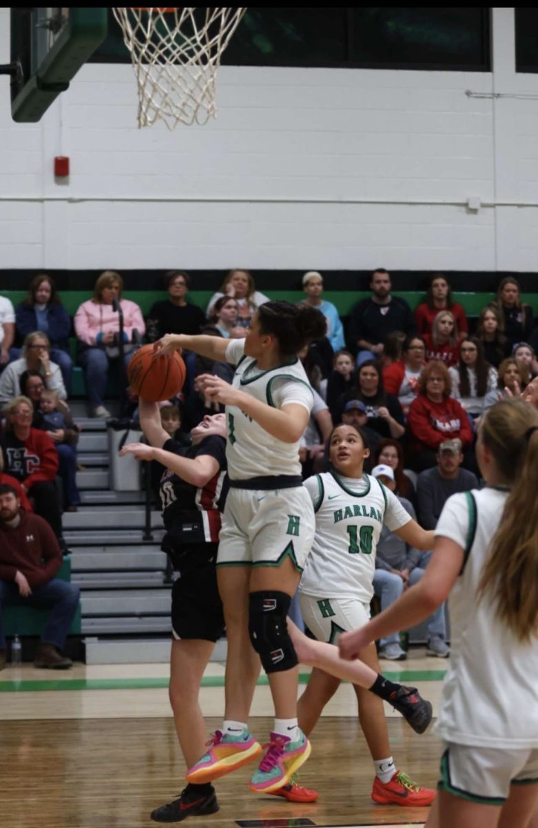 Harlan senior forward Kylie Noe rejected a shot in Thursday's district match up against visiting Harlan County.