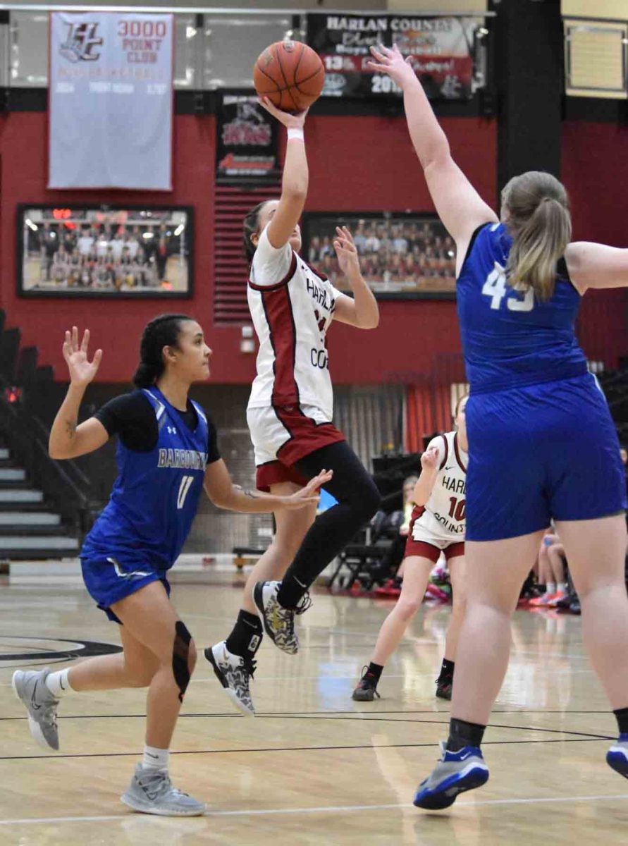 Harlan County freshman guard Kylee Runions put up a shot in Monday's win over Barbourville. Runions scored 28 points as the Lady Bears coasted to a 72-46 victory.