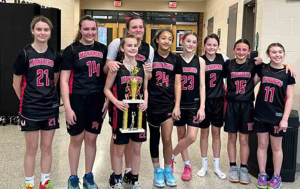 The Harlan Monarchs (sixth grade) won all five games over the weekend in the Hoops For Heroes Tournament at Berea. The Monarchs defeated North Laurel 29-14, Jackson County 23-20, Richmond Titans 28-3, Lincoln County 29-17 and Anderson County 19-7. Team members include, from left — Adleigh Creech, Crissalynn Jones, Andrea Napier, Jocelyn Miracle, Torrie Sundy, Addy Cochran, Morgyn Belcher, Natalie Creech and Blakely Snelling