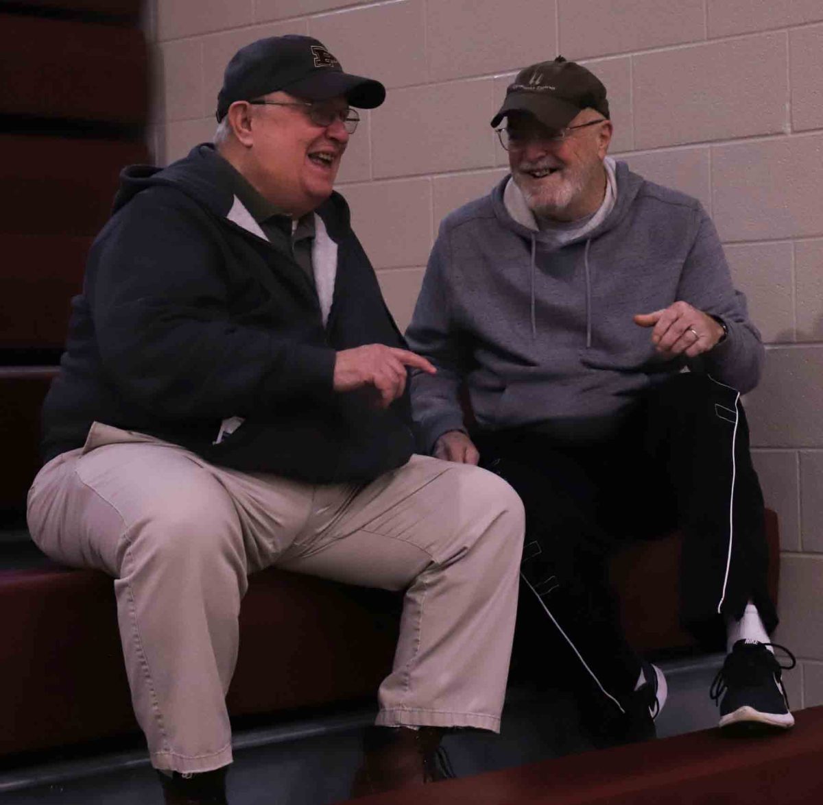 J.D. Strange (left) and Mike Jones, two of the most successful boys basketball coaches in 13th Region history, talked during a game earlier this season at Pineville. Strange won 518 games in a 34-year career at Bell County, Allen Co.-Scottsville, Knox Central and Pineville. He led Allen County-Scottsville to a 4th Region title. Jones won 613 games and four 13th Region tites in a career that included stops at Cawood, Jackson County, Todd Central, Harlan, Clay County and Harlan County.