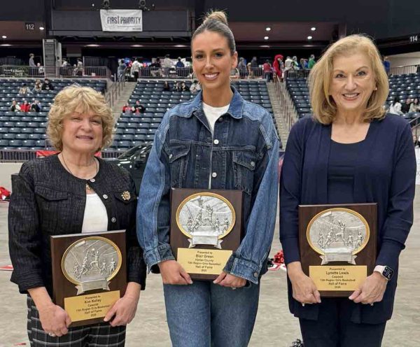 Harlan County was well represented during the 13th Region Basketball Hall of Fame ceremony Saturday at The Corbin Arena. Former Cawood standouts Kim Kelley (left) and Lynette Lewis (right) and Harlan County's Blair Green were among those inducted this year. Harlan's Jordan Brock was also among those selected but was unable to attend the ceremony.