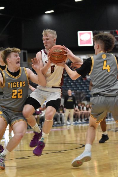 Pineville guard Sawyer Thompson sliced between Clay County's Ethan Jackson and Landon Dezarn in action from the 13th Region Tournament on Thursday. Thompson had eight points and 10 assists in the Lions' 73-68 victory.